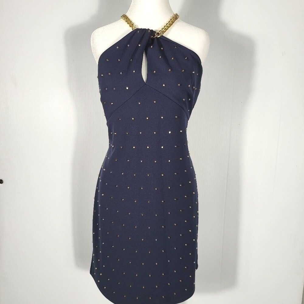 Michael Kors Navy Blue Studded Chain Halter Mini Dress Gold Hardware Large - Picture 4 of 9